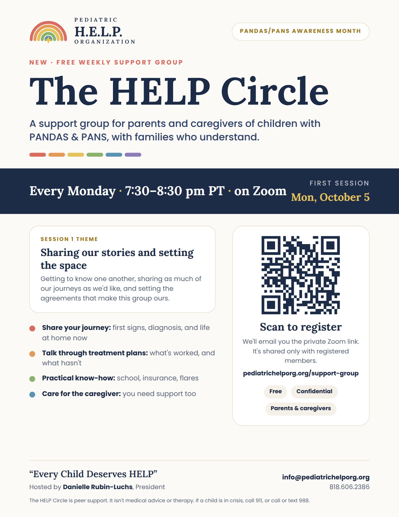 HELP Circle flyer: a free weekly Zoom support group for PANDAS/PANS parents and caregivers, Mondays 7:30 to 8:30 pm PT, starting October 5, 2026